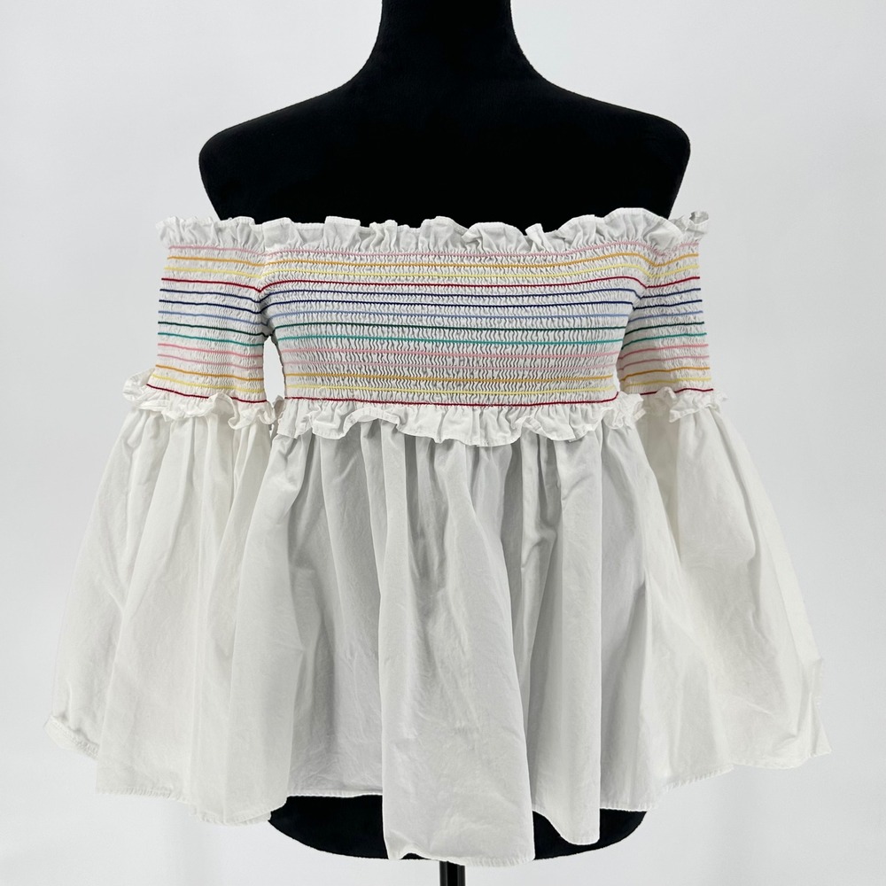Anthropologie‎ Greyson Rainbow Ruffle Smocked Off The Shoulder Flare Blouse XS